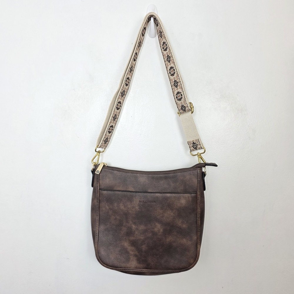 Bostanten Brown Faux Leather Nola Embroidered Strap Medium Hobo Crossbody Bag
